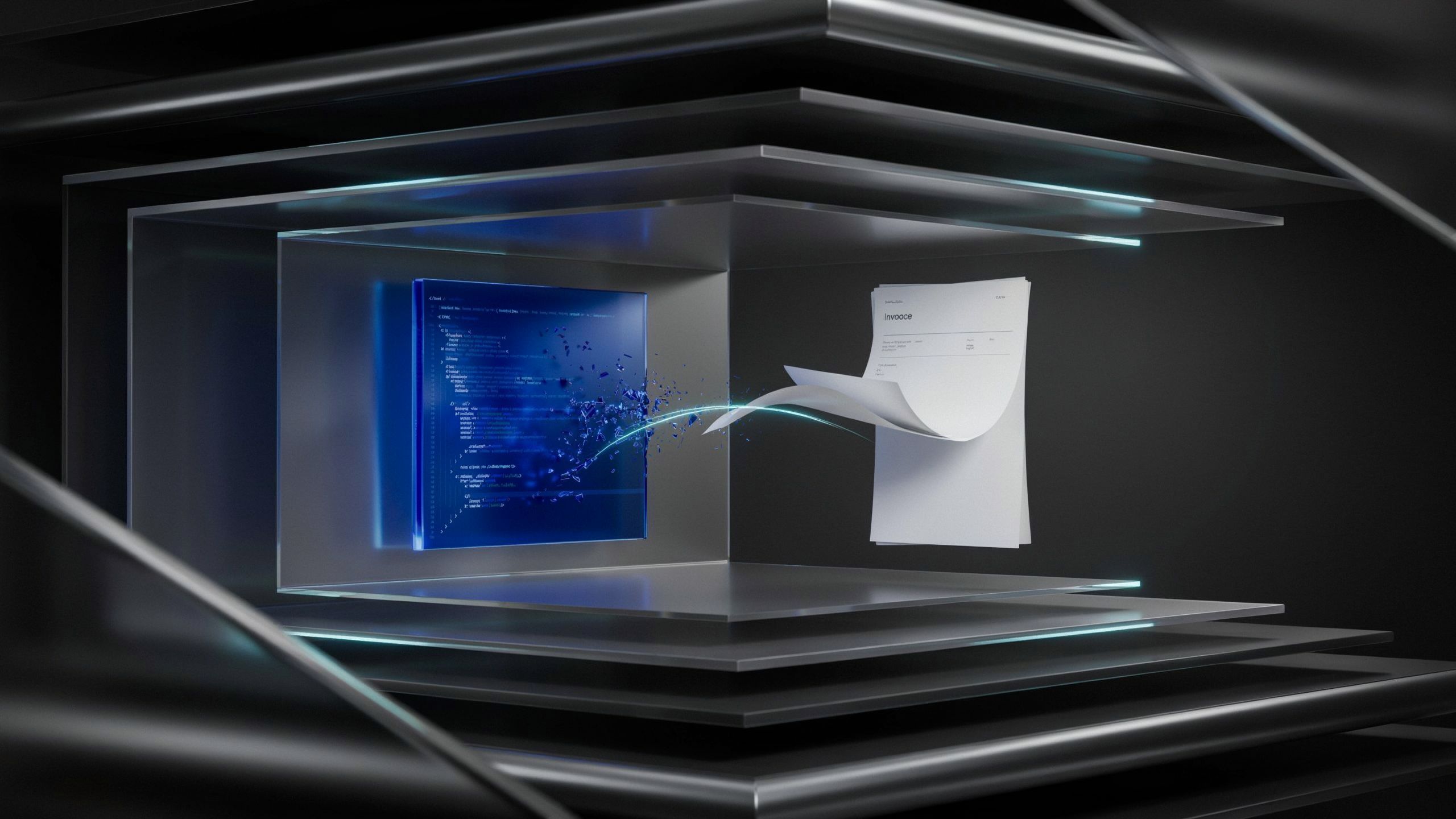 Abstract blue Chromium rendering pipeline turning lines of HTML into a finished PDF document
