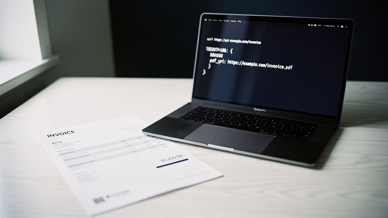 Terminal showing a Rendura curl command returning a PDF URL, with a printed invoice beside a MacBook Pro on a desk
